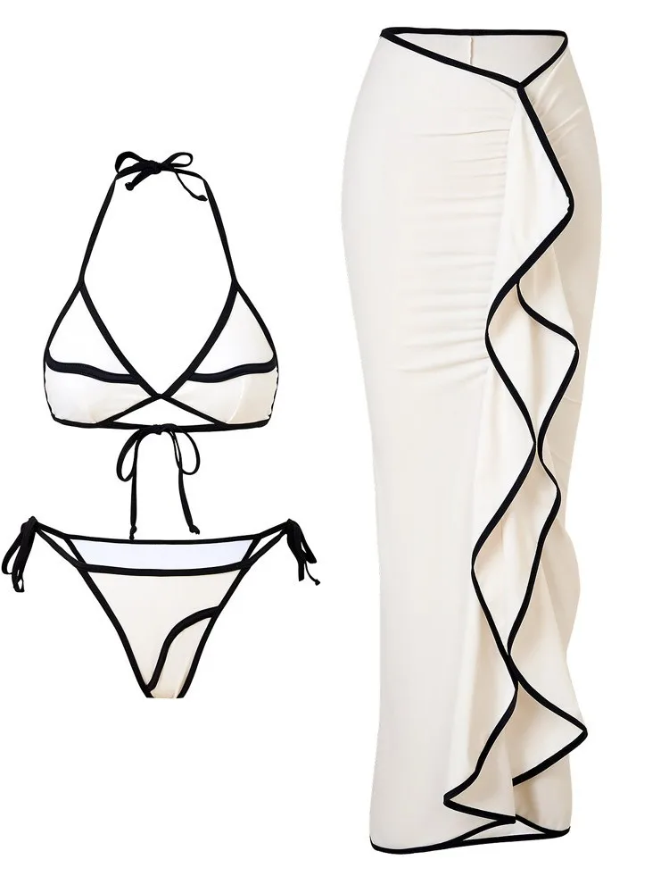 

Sensational Bikini Black White Colorblocked Bikini Adjustable Side-Tie Strap Swimsuit Beach SarongStyle Coverup Swimwear