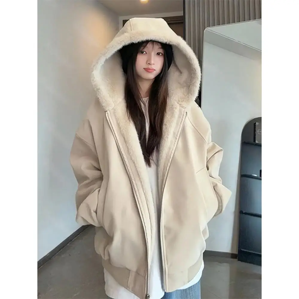 

Litchi Pattern Leather Jaet Thiened Fce Lined ex Winter Coat American Sle Fur Collar Cotton Clothes for Teens