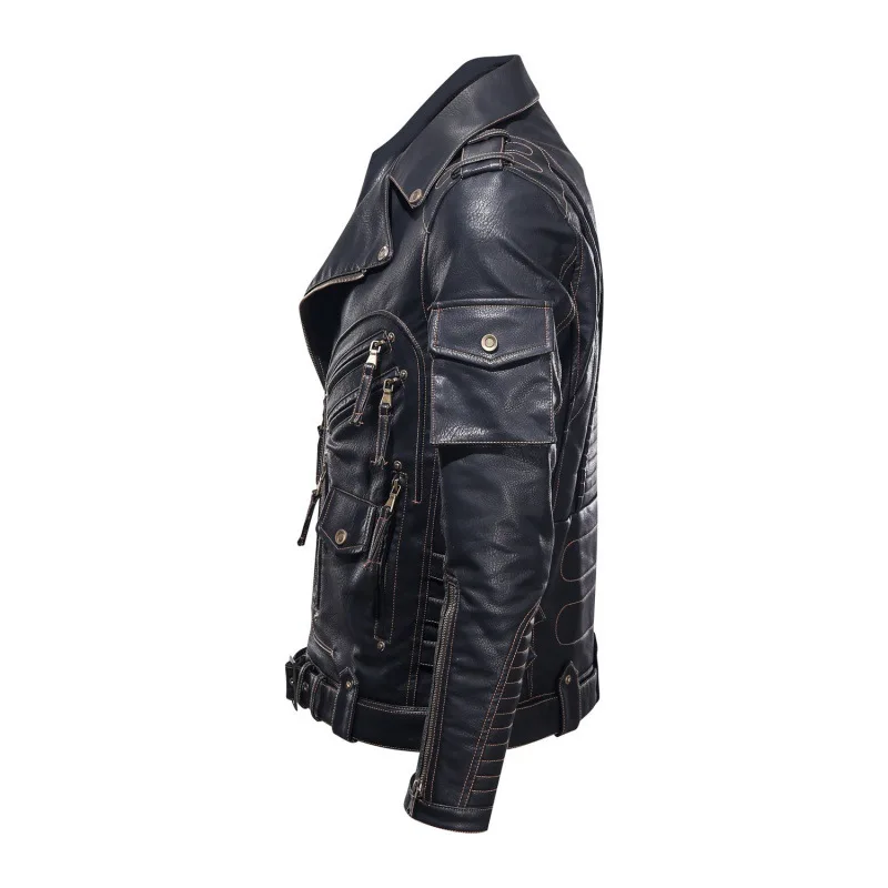 2024 New Men's Motorcycle Multi-Pocket Tough Guy PU Leather Lapel Leather Coat