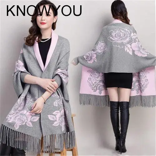 

Elegant Cardigan Cloak Women Vintage Reversible Print Sweater Knitted Poncho Classical Tassel Shawls Long Sleeve Pashmina Stole