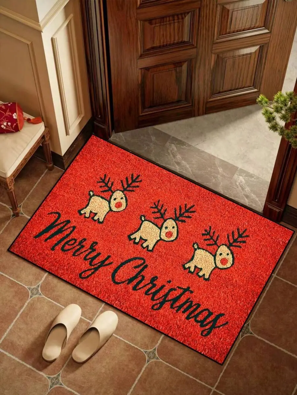 VIKAMA Karpet Selamat Datang Motif Rusa Natal Anti-Slip untuk Kamar Tidur, Karpet Area Dalam dan Luar Ruangan, Dekorasi Rumah Natal