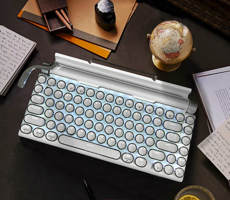 

Retro Typewriter Bluetooth Keyboard Silver White Steam Punk Dot Green Switches White Backlight Wireless Mechanical Keyboard