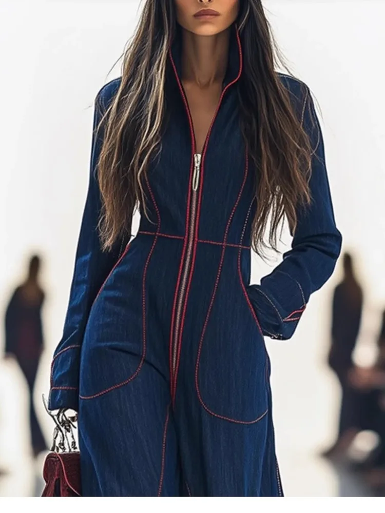 Women's Fashion Trend Casual Jumpsuit Autumn And Winter British Style Zipper Slim V-neck Solid Color Large Pocket Jumpsuit Pants