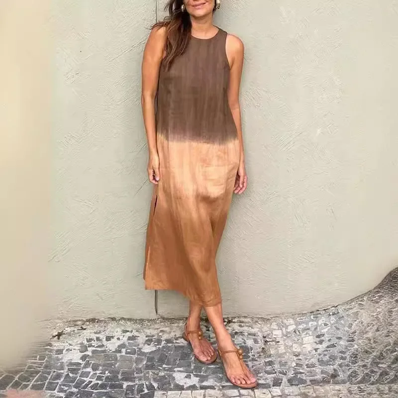Zomer nieuwe casual katoenen hennep vrouwen mouwloze jurk mode kleurverloop dame vestidos