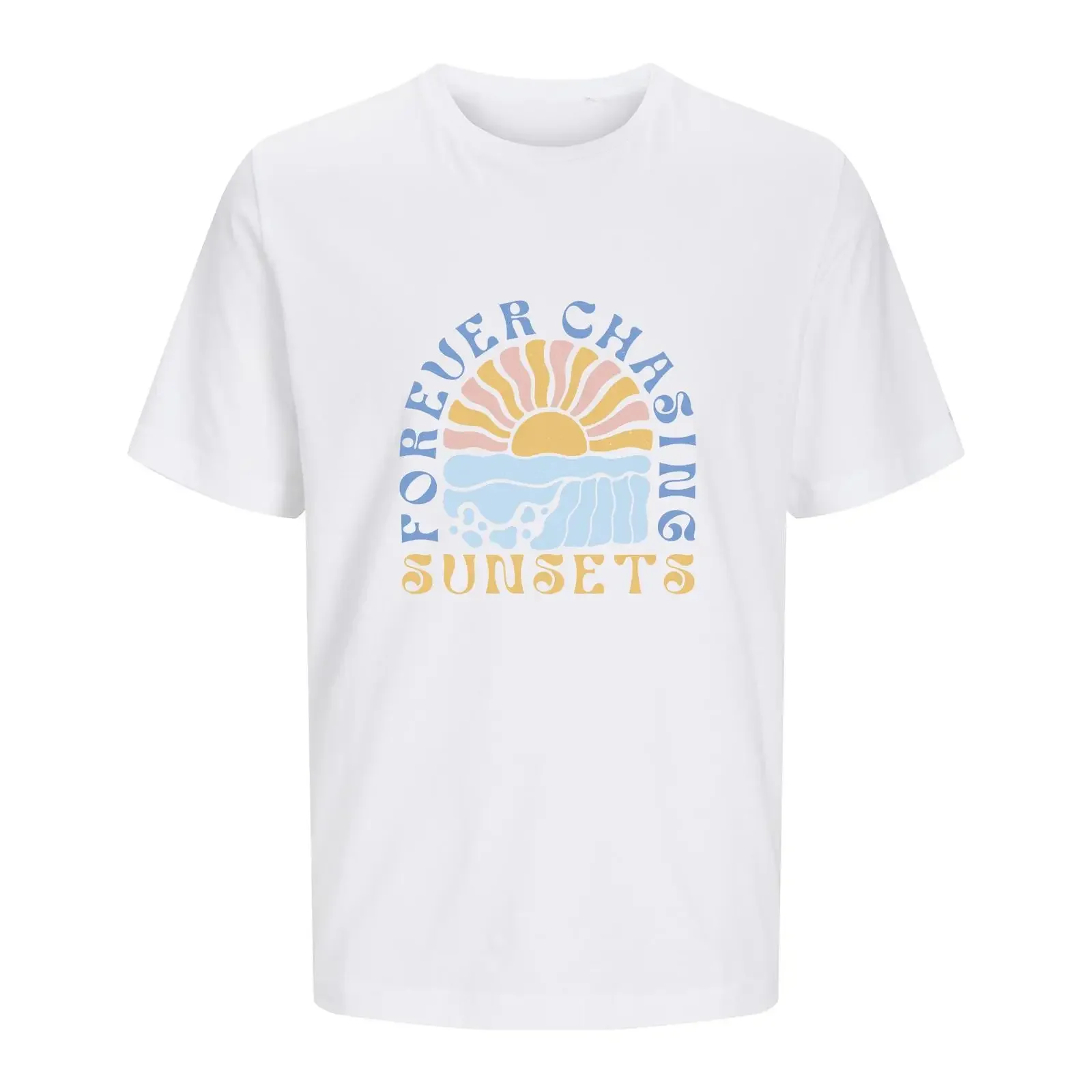 White Forever Chasing Sunsets T Shirt Retro Summer Sunset for Beach Lovers Travel Festivals vintage Washed streetwear