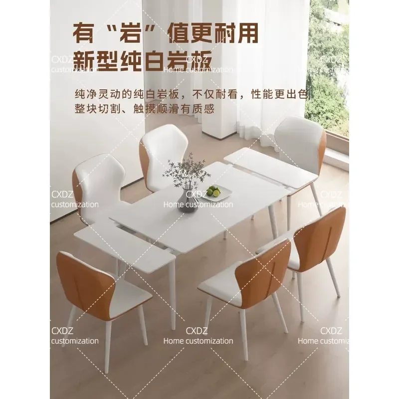 Nordic Modern Simple Rock Slab Telescopic Folding Dining Table and Chair Set Rectangular Cream Style for Small Apartment