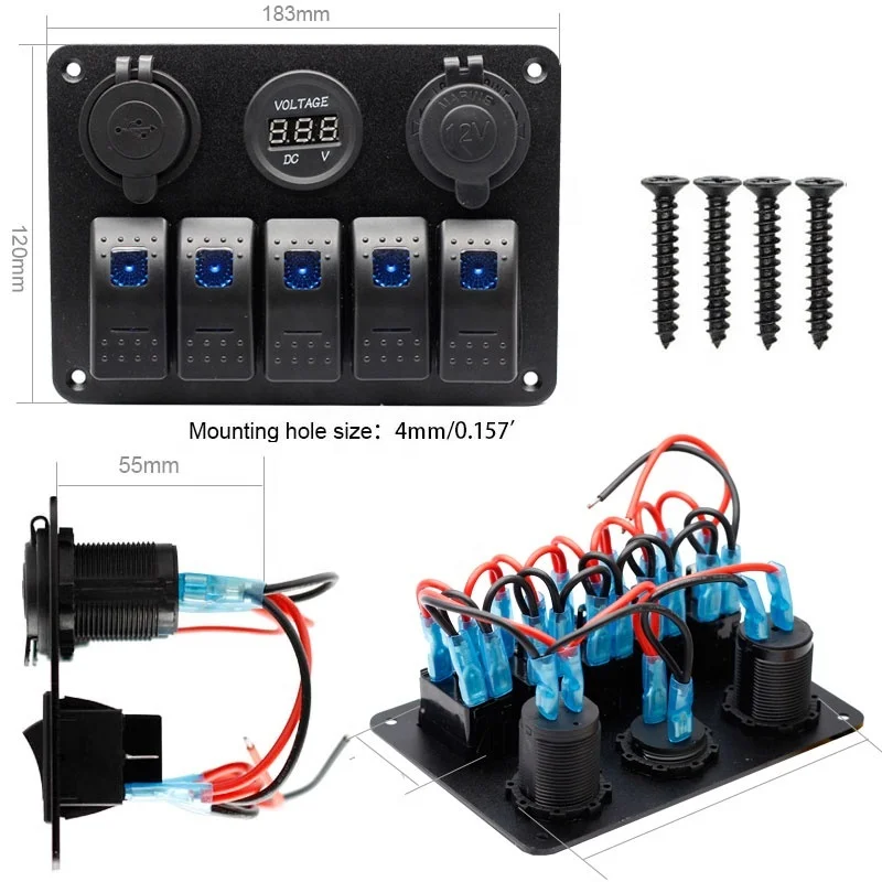 5 Gang Rocker Panel ON Off LED Light Switch With 3.1A USB Digital Voltmeter Cigarette Lighter Socket