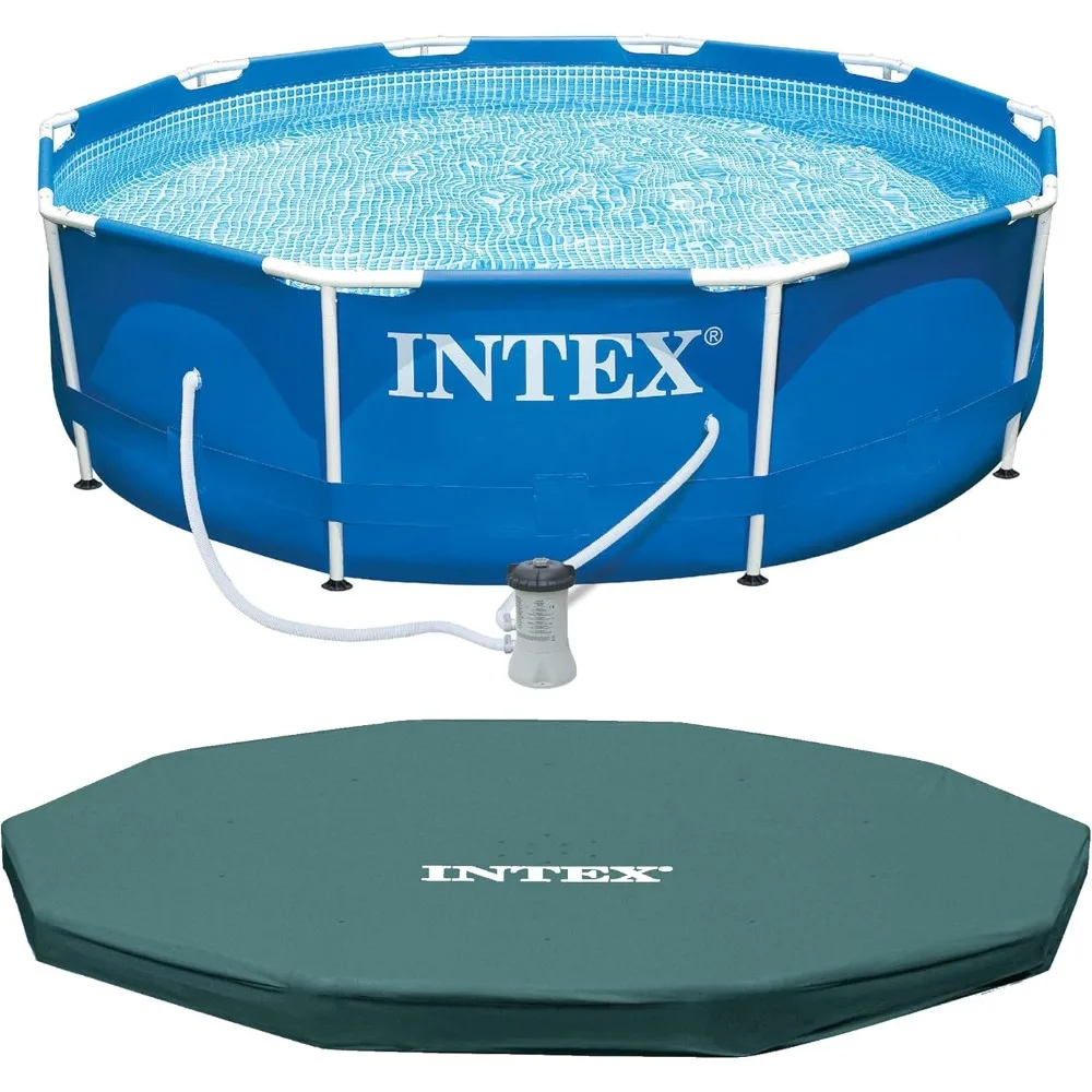 INTEX Metal Frame 10ft x 30in Round above Ground Outdoor Swimming Pool Set with 330 GPH Filter Pump, Cartridge