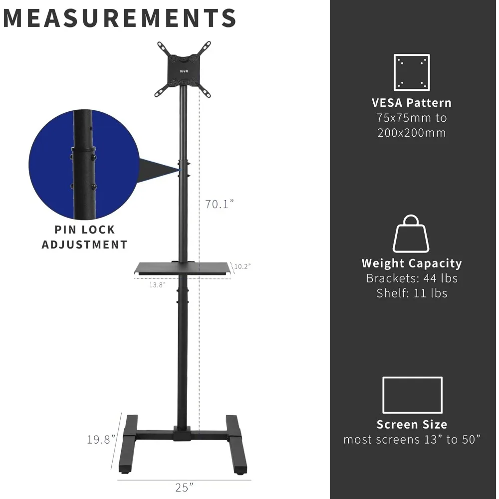 Suporte de chão extra alto para TV com prateleira para telas de 13 a 50 polegadas, LED OLED 4K Smart Flat, monitores curvos, 70 polegadas de altura, máx.