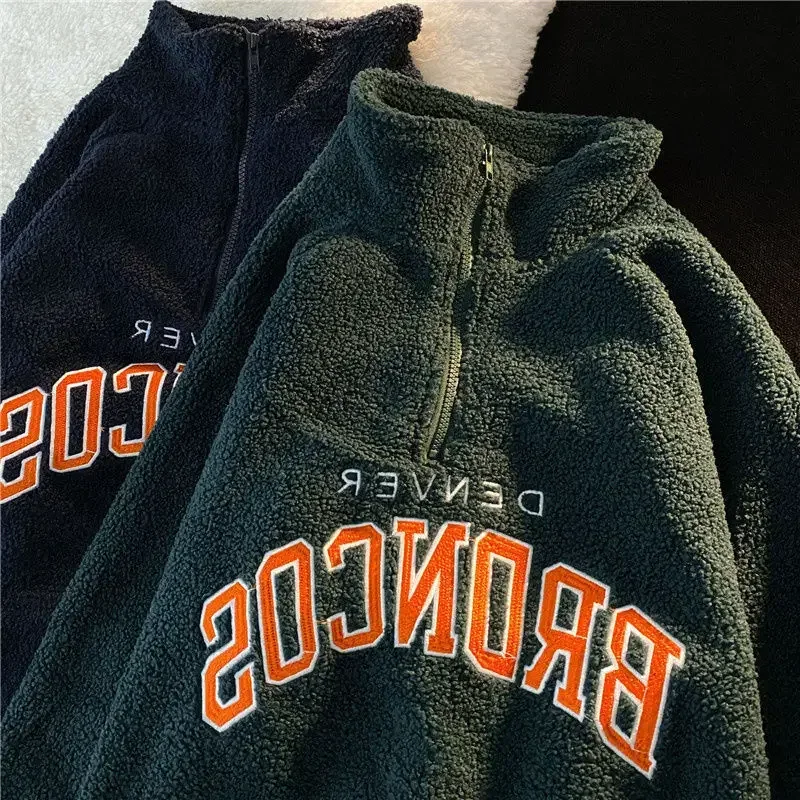 Vintage Letter Embroidery Sweatshirts Women Harajuku V-neck Long Sleeve Pullovers Winter Warm Lambswool Oversize Baseball Y2K