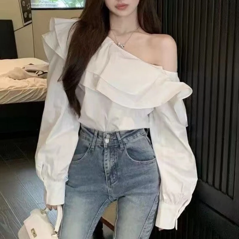 Sweet Ruffles Blouse for Women, Sexy Off Shoulder Shirt, French Style, Elegant Long Lantern Sleeve, Tops Clothes, New, 8395