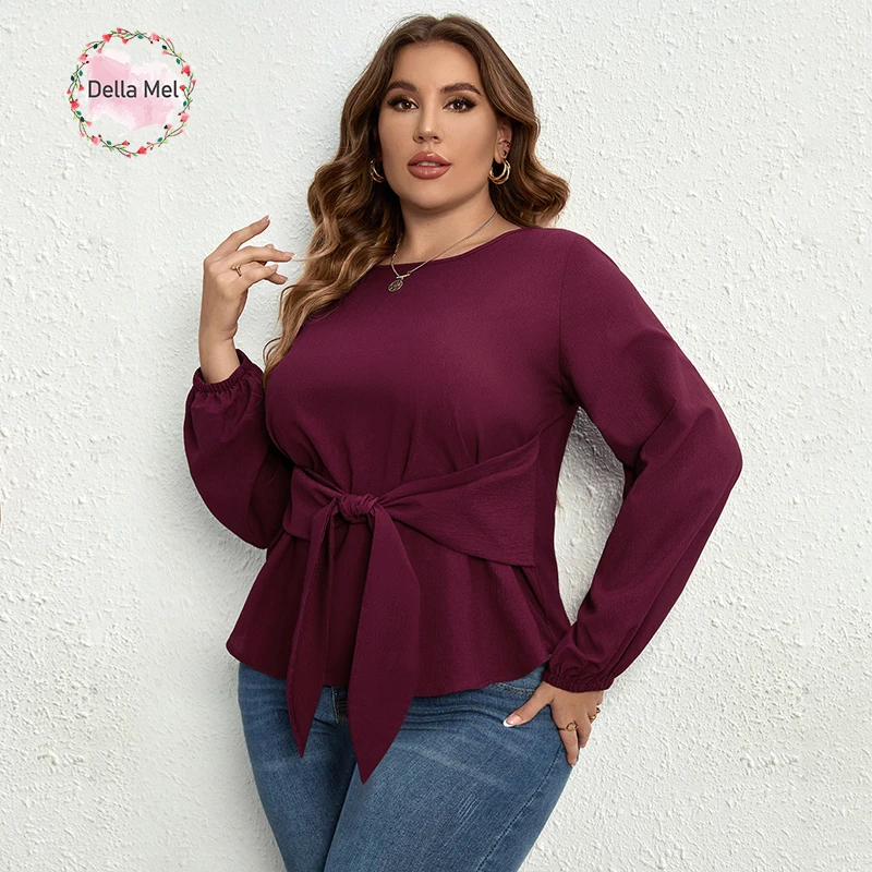 Della Mel-blusa informal de manga larga para mujer, top liso con cuello redondo, talla grande, elegante, a la moda, para oficina