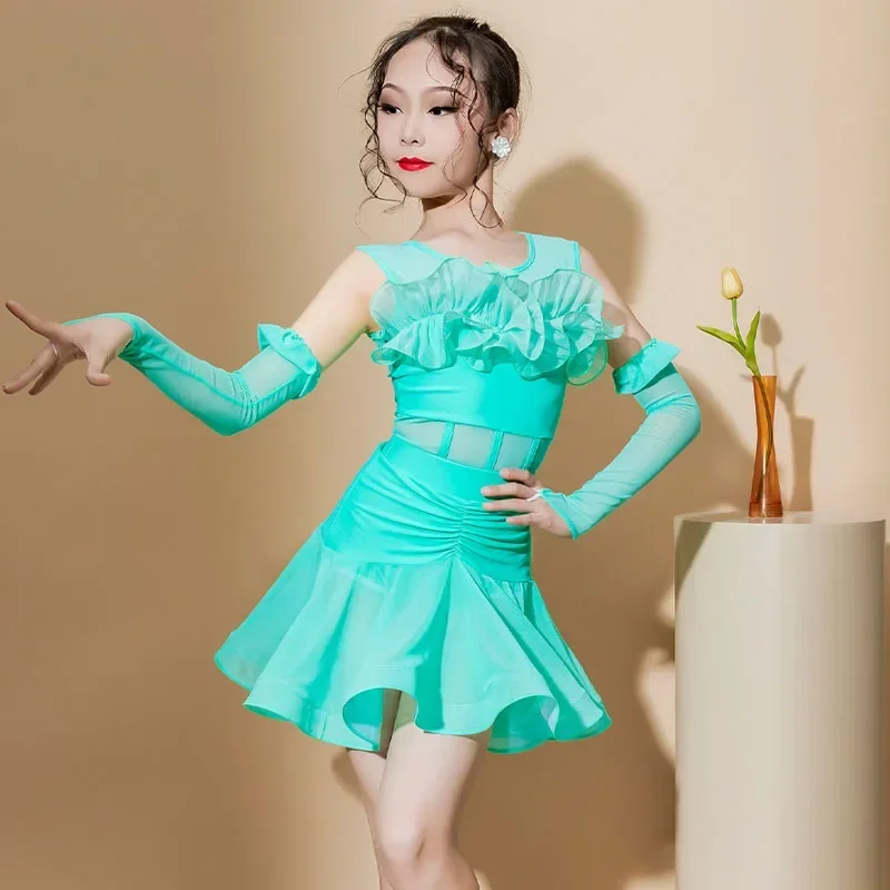 Latin dance costumes for spring and summer girls, children's training costumes, performance costumes, new 2023 lace large skirt