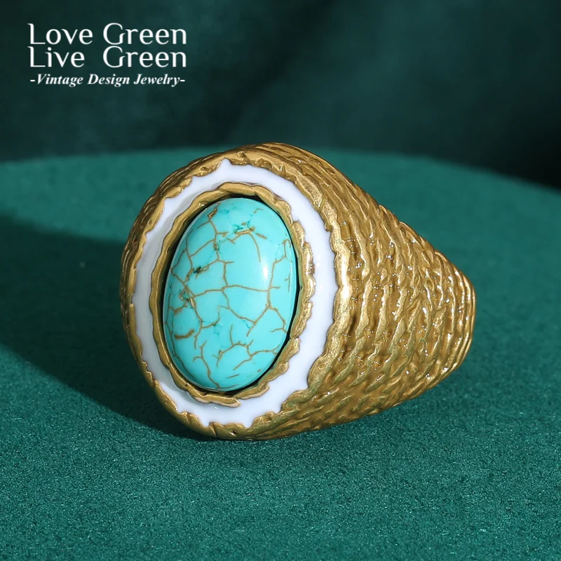 

Vintage Blue Natural Stone Rings Luxury Designer Gold Color For Woman Brands Jewelry Antique High Quality Accessories Party 2025