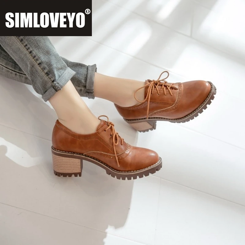 

SIMLOVEYO Chunky Heels Brogue 6cm Pumps Spring Lace Up Vintage Block Mid Heels Carved Shoe Ladies Big Size 43 D001