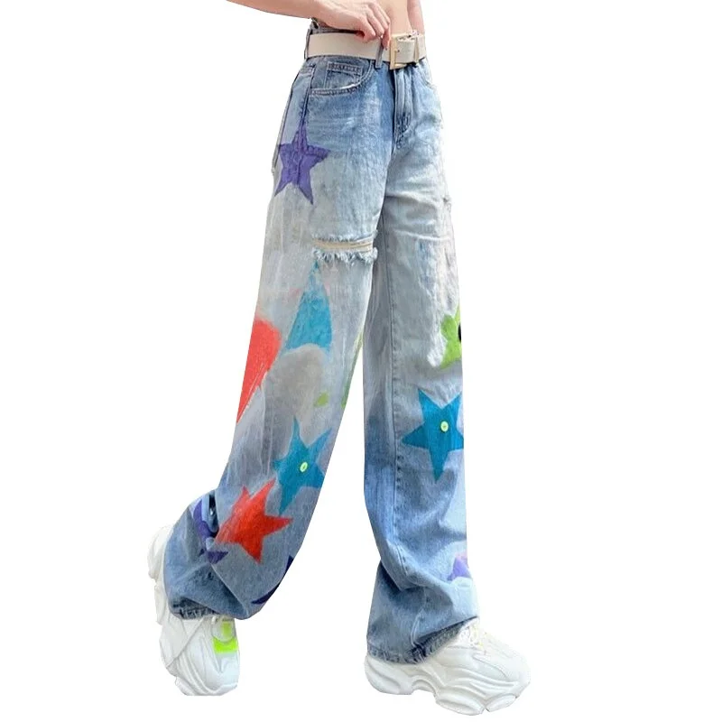 

High Waist Straight Leg Jeans Women's Spring New Sle Painted Hole Denim Pants Long Trousers European Goods