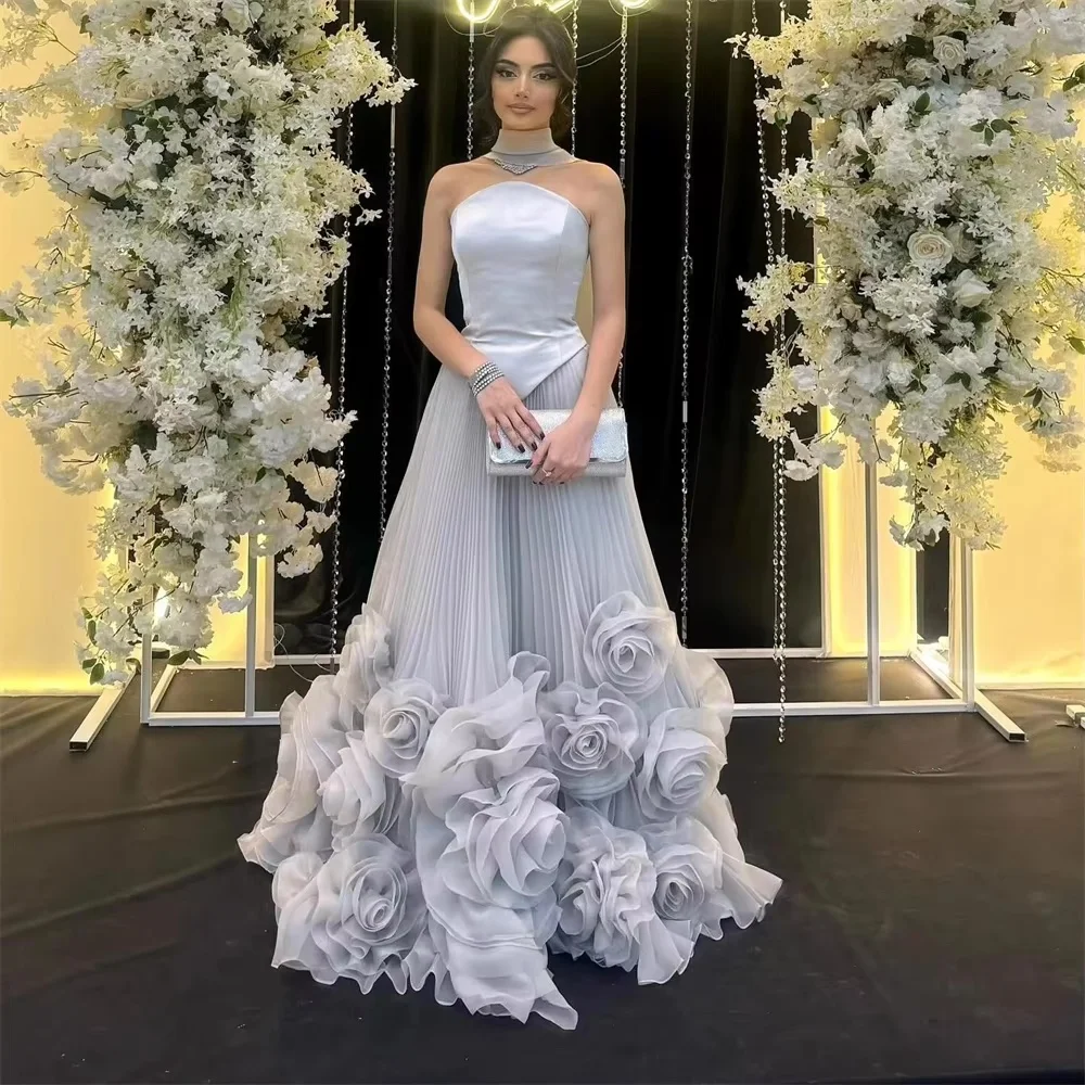 그레이 홀터 3D 꽃 댄스 파티 드레스 화려한 민소매 vestidos de noiva 맞춤형 a 라인 바닥 길이 이브닝 공식 가운