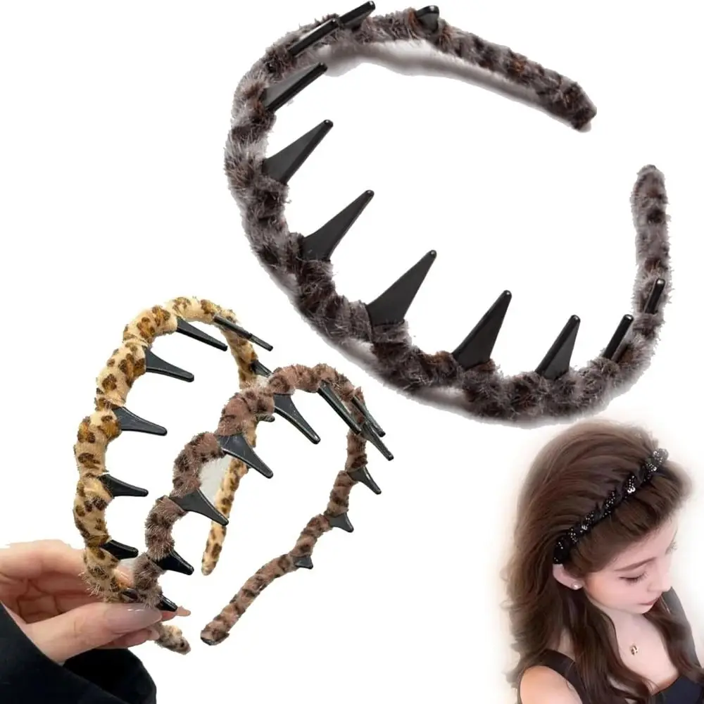 Bandeau à dents en peluche à haute élasticité, motif léopard, antidérapant, bandeau à haute cranium, bandeau Vintage à haute cranium avec dents