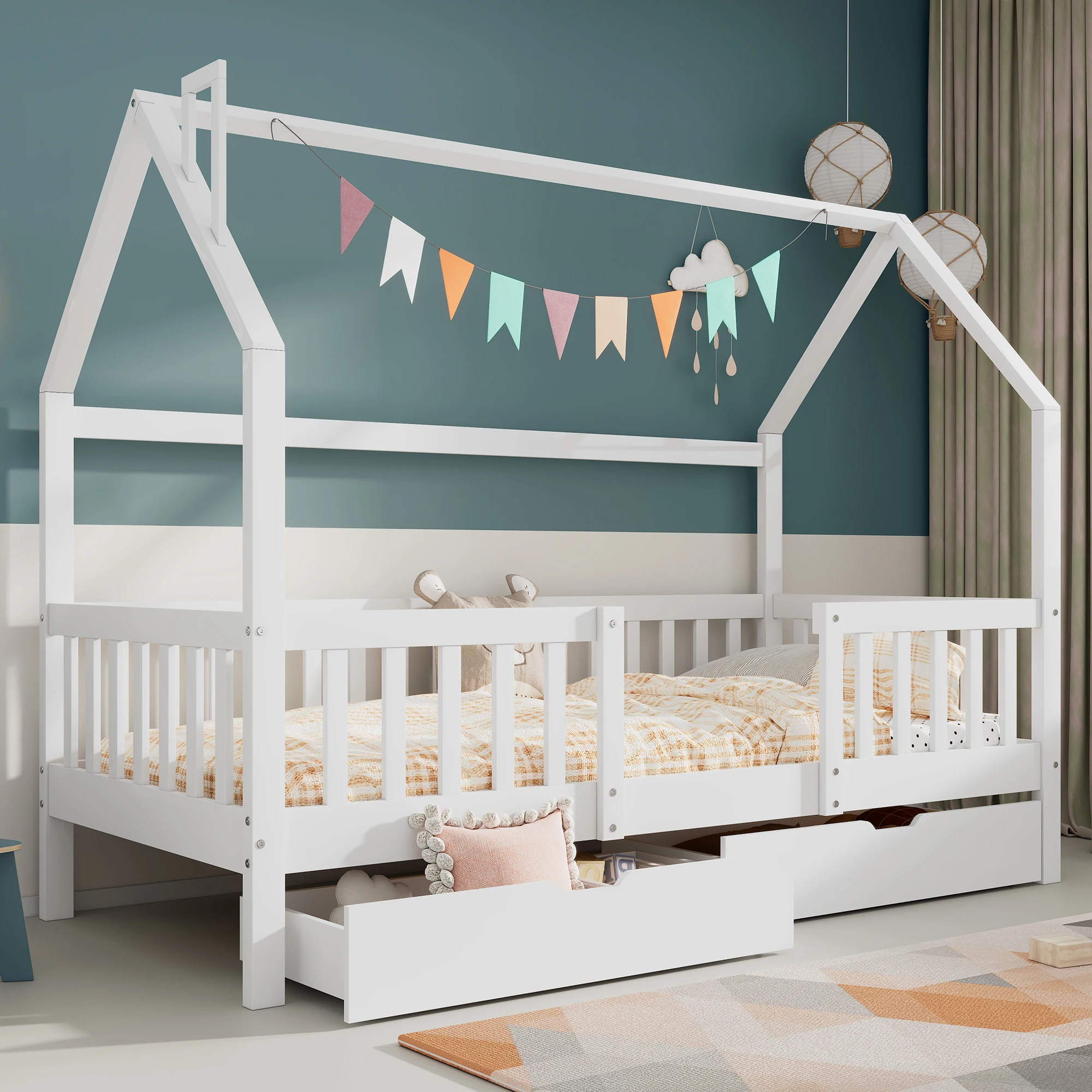 Merax Lit enfant Houseboed Cheminée tiroirs de rangement Robuste lattes en bois de pin 90x200 Blanc Sans matelas