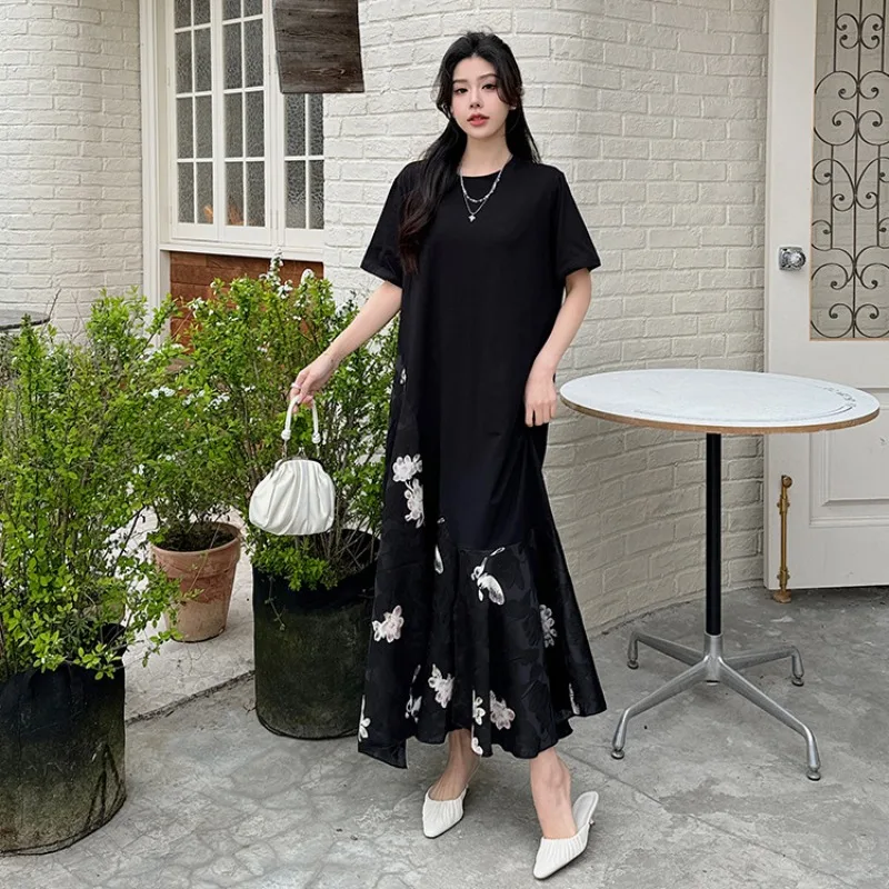 Abiti estivi da donna Edizione coreana Nuovo casual sciolto jacquard in raso stile cinese falso abito in due pezzi a maniche corte donna