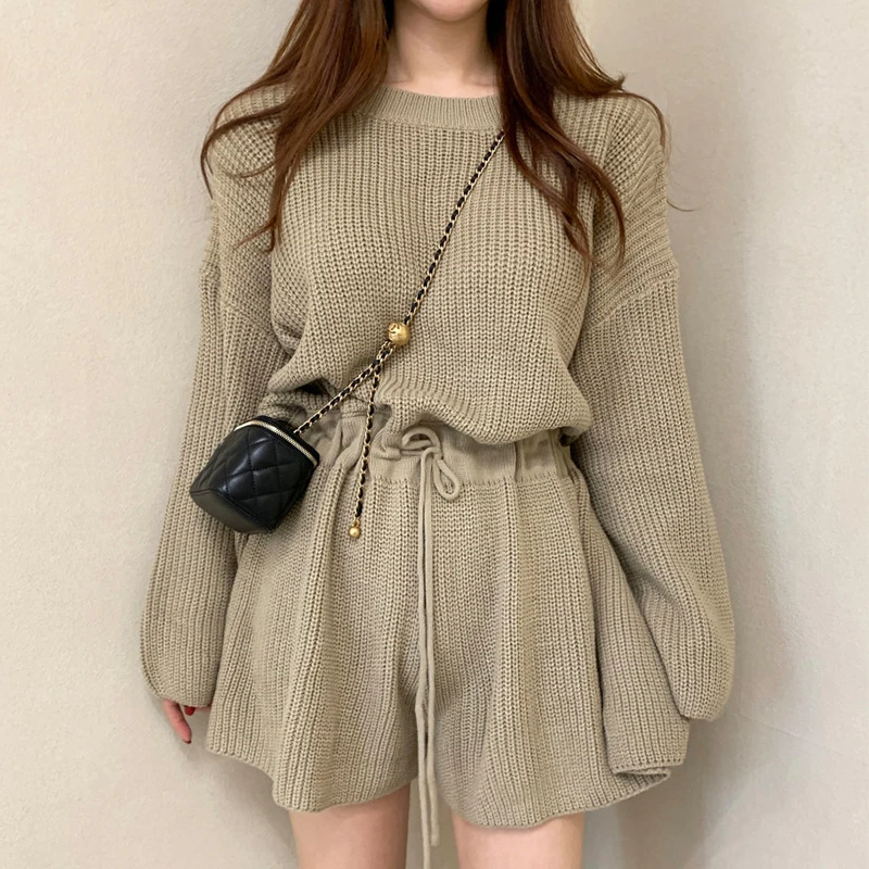 Chic ฤดูใบไม้ร่วง Retro รอบ Ne Dstring เอวยาว Sve ถักขากว้าง Jumpsuit orts ผู้หญิง Faion เดินทาง Sle