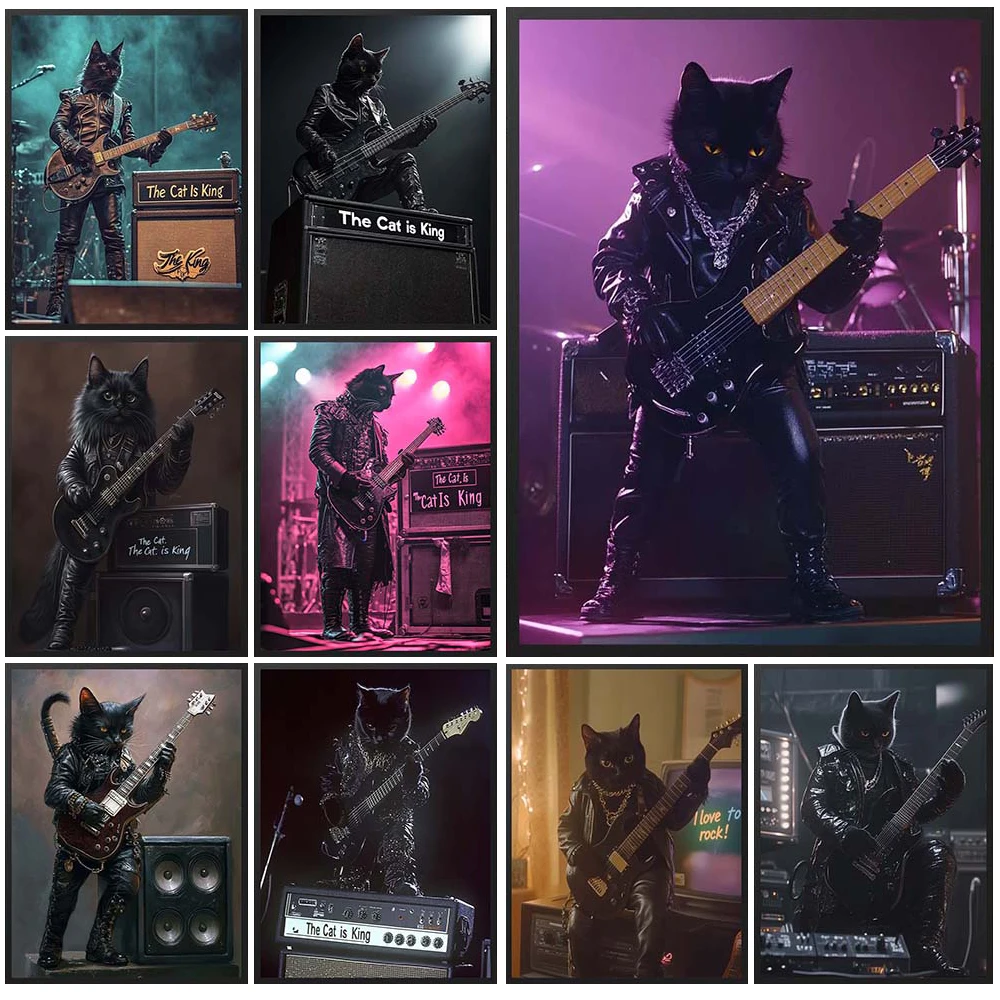 

Funny Cat Guitarist Portrait Pop Music Animals Poster Wall Pictures For Church Decor Wall Art Canvas Painting Portrait Unframed