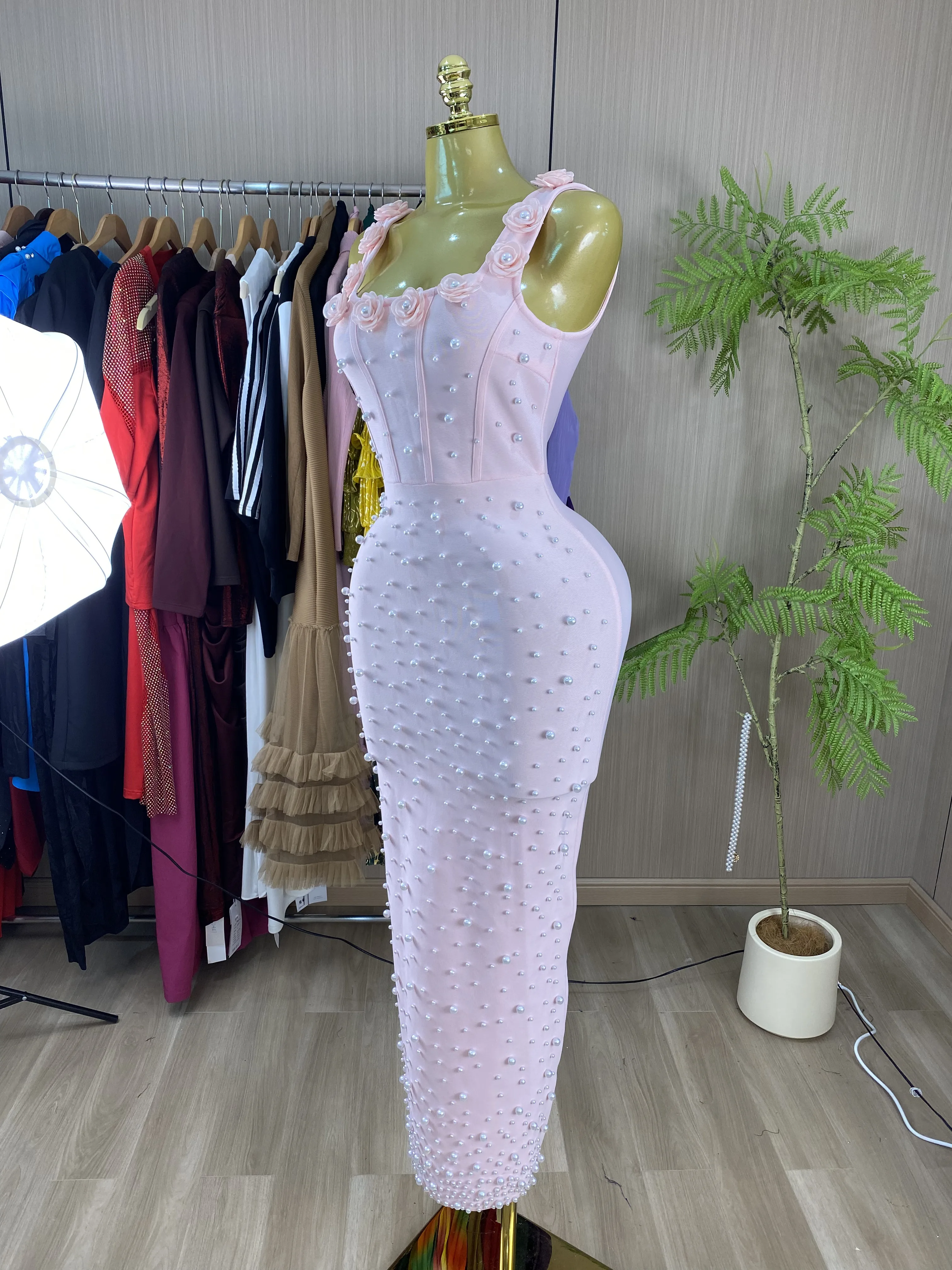 Elegant Sleeveless Midi Dress with Pearls: 3D Floral Beaded Camisole Evening Gown-GZXX1073