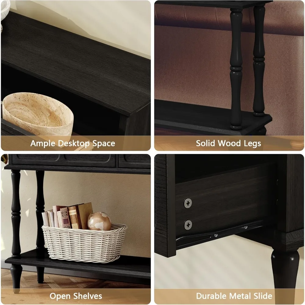 Mid-Century Console Table for Entryway with 2 Drawers, Black Retro Entryway Table with Storage Cabinets and Open Shelf