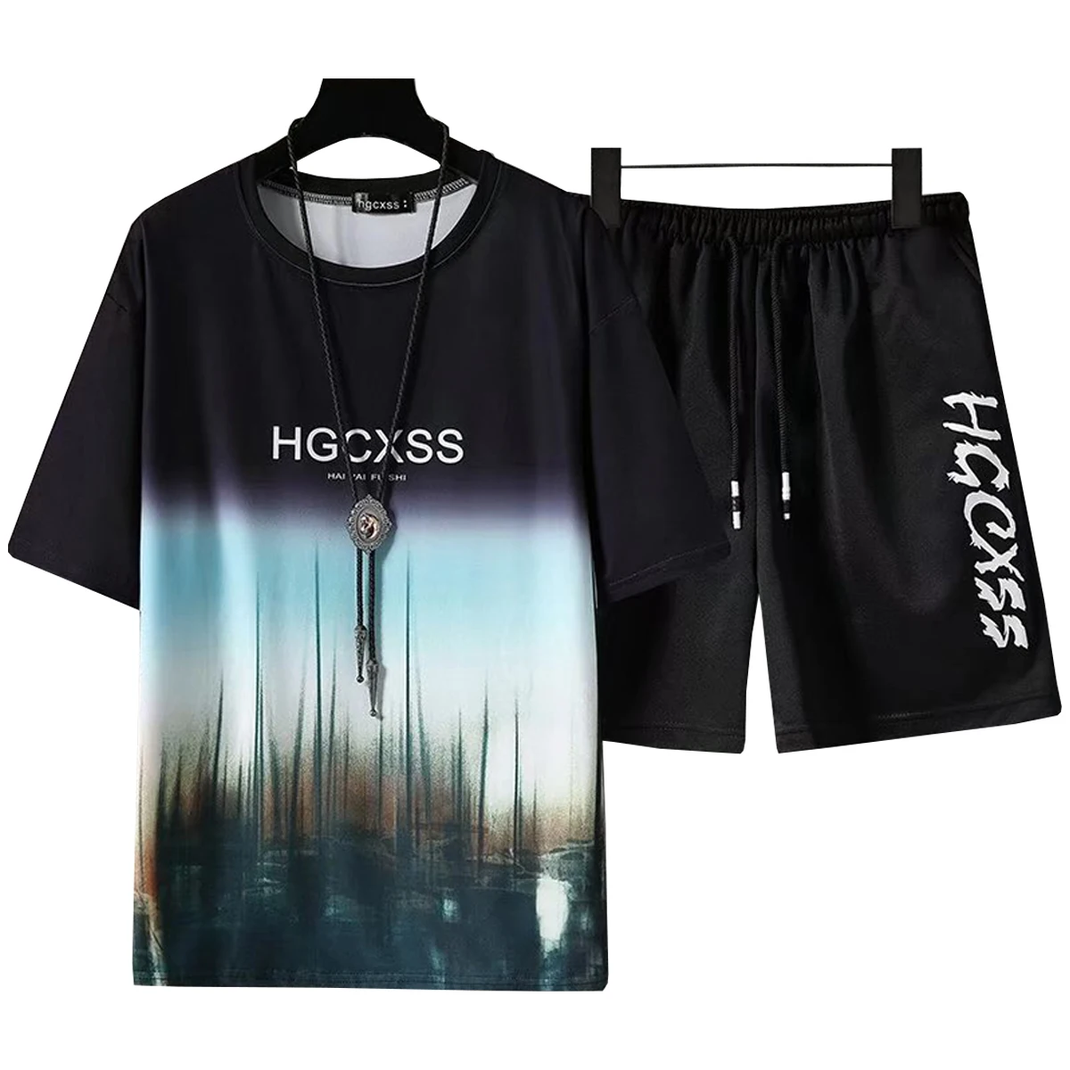 Men's Short Sleeved T-shirt Casual Shorts Letter Gradient Printed Pattern Round Neck Top Youth Student Summer Sportswear