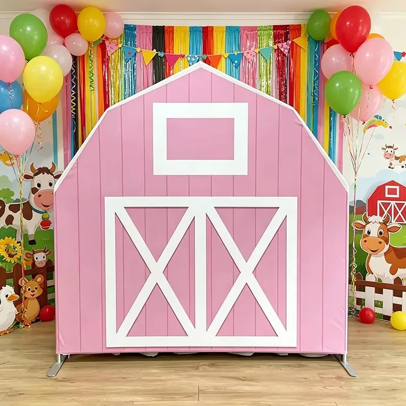 7x7ft Pink Barn Shape House Arch Cover Stand Frame for Girl Farm Theme Birthday Party Decoration Photo Background