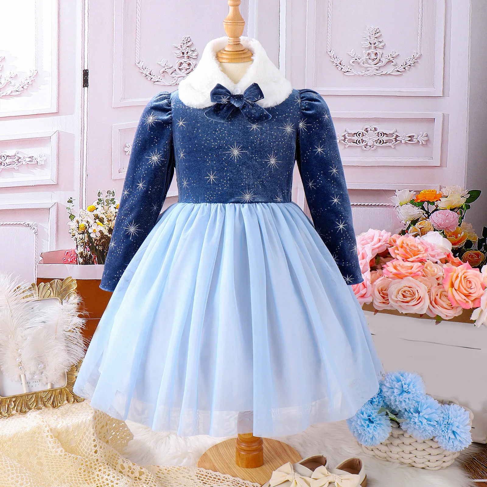 Little Kids Baby Girls Christmas Princess Dress X-mas Snowflake Print Long Sleeve Velvet Patchwork A-Line Dress with Scarf 4-7T