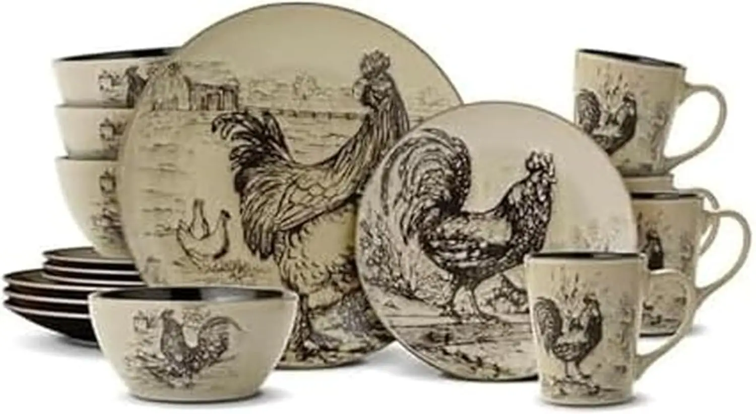 

Homespun Rooster 16-Piece Dinnerware Set, Service for 4 Brown