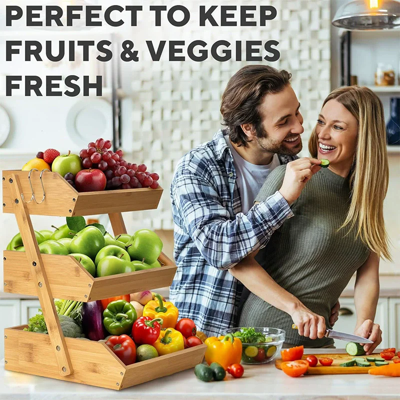 2/3‑Tier Bamboo Fruit Basket Kitchen Storage Rack, Large Capacity Open Slat Countertop Organizer for Veggies Bread Fresh Food