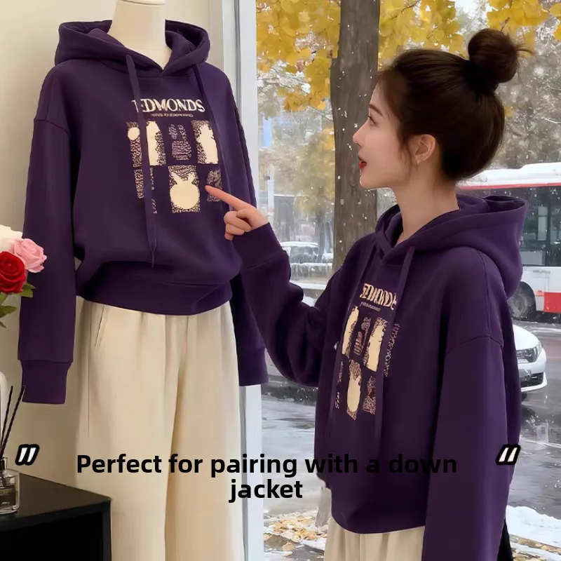 

Женская толстовка с капюшоном на флисовой подкладке, утолщенная, свободного кроя, для весны, осени и зимы, фиолетовая, с принтом, антивозрастная, универсальная, оверсайз