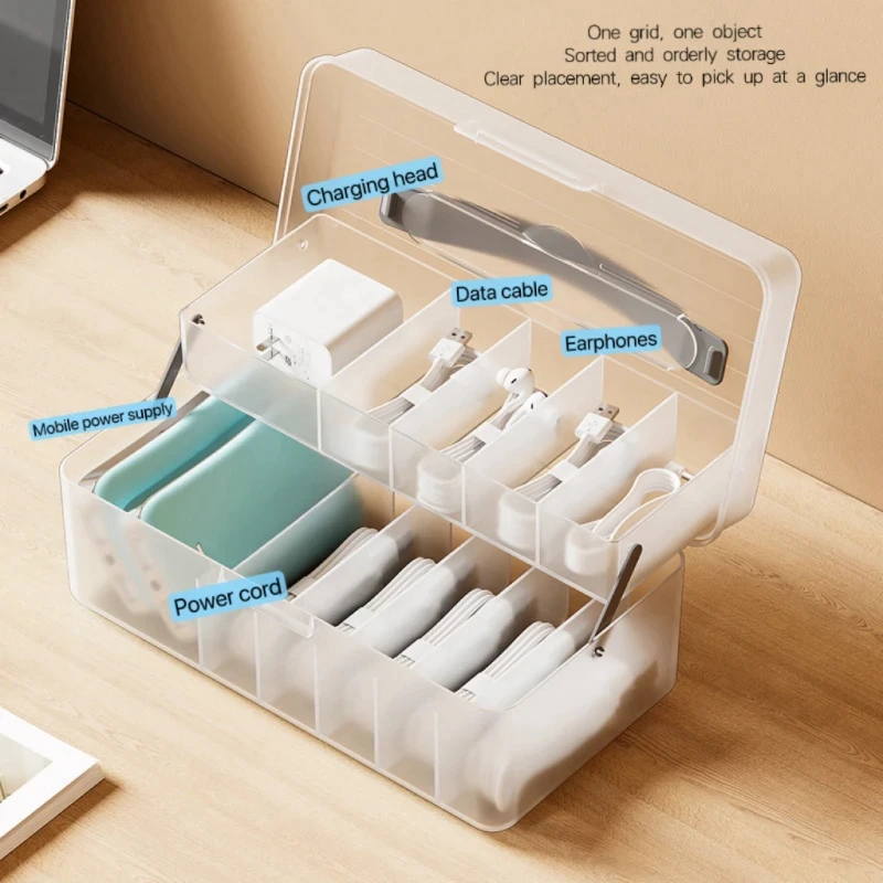 1pc Flip cover data cable storage box, double-layer compartment large-capacity charger wire storage box