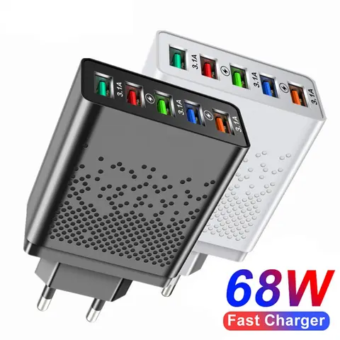 Caricatore USB a 5 porte Caricatore da muro con spina UE/USA a ricarica rapida da 68 W per iPhone Samsung Xiaomi Huawei Adattatore di alimentazione per telefono a ricarica rapida