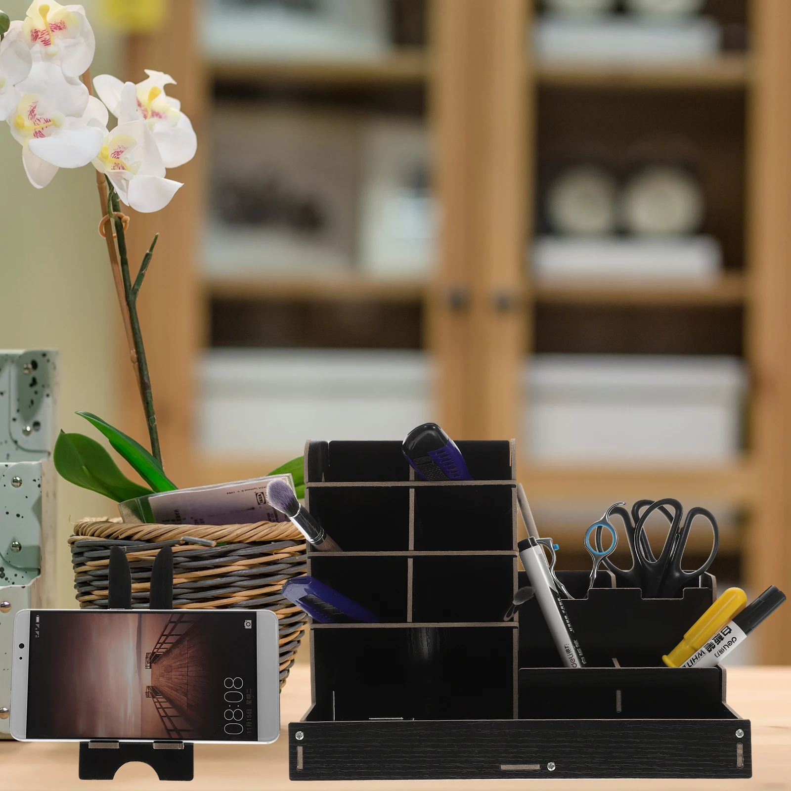 

Pen Holder Stationery Box Desktop Case Drawer Organizer Tray Storage Inclined Wooden Black