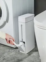 Slim Trash Can for Narrow Spaces with Cleaning Brush, Lid and Toilet Brush - Perfect for Bathroom Trash Bin  Garbage Bin