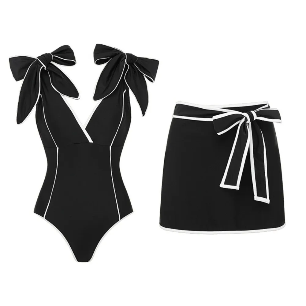 2pcs Set New Black Full-piece Swimsuit Bow Tie Cover Up Bathing Suit Skirt Bodysuit Beach Swimming Spa