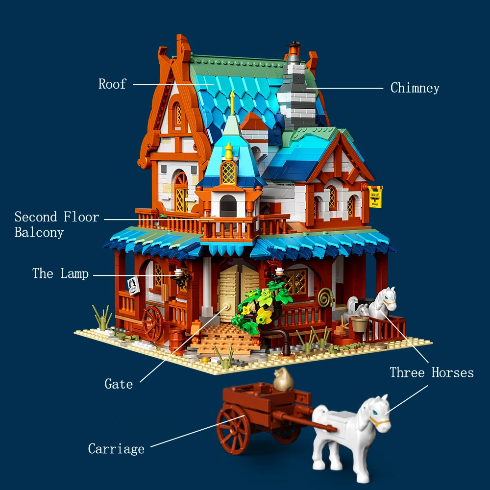Estação postal medieval castelo cenário arquitetônico bloco de construção idade média urbano vista rua decoração micro tijolos brinquedos presente do miúdo
