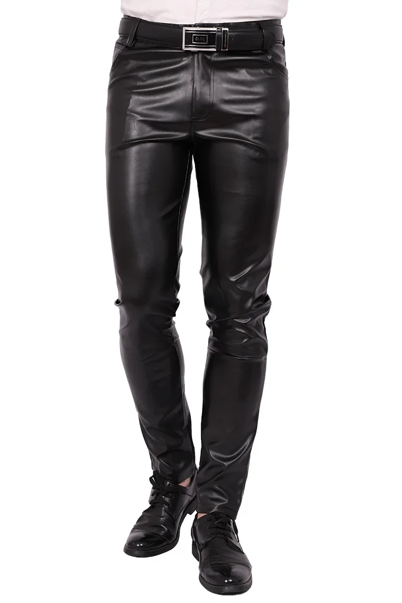 2023 Men's Slim Fit Skinny Pants Tight Stretch Leather Pants Teen Trend Motorcycle PU Leather Pants