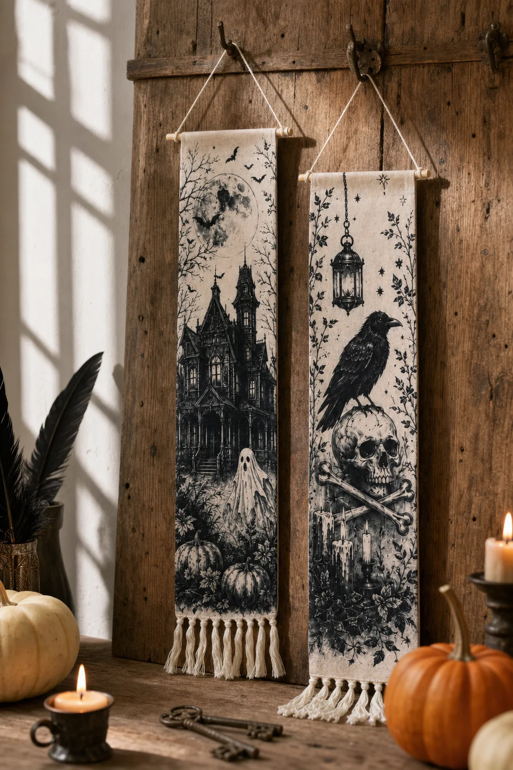 Halloween-Wandteppich mit Quasten, Gotische Hexe, Schwarze Katze, Krähe, Geisterhaus, Totenkopf-Druck, Vintage Grusel-Wandbehang Deko – Detail 6