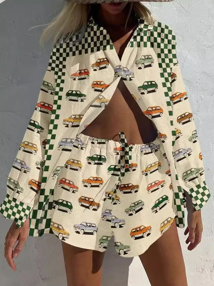 2-delige sets damesshirt met lange mouwen en shorts met wijde pijpen, shirt met modeprint, shorts voor dames, zomerse damesoutfits,