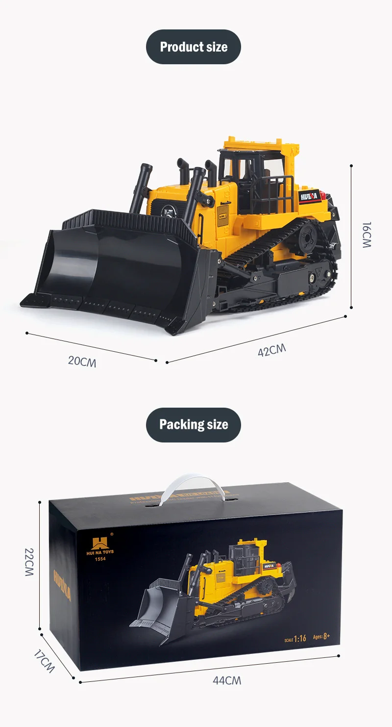 Huina 1/16   Remote Control Bulldozer Heavy Duty Bulldozer R/C Truck Vehicle Electric Toy  for Boys Children's Gifts