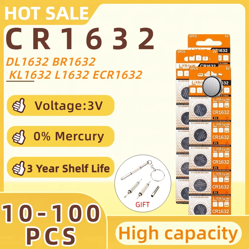 

10-100PCS 3V CR1632 Battery CR 1632 Lithium Battery DL1632 BR1632 KCR1632 ECR1632 For Car Remote Control Watch Button Coin Cells