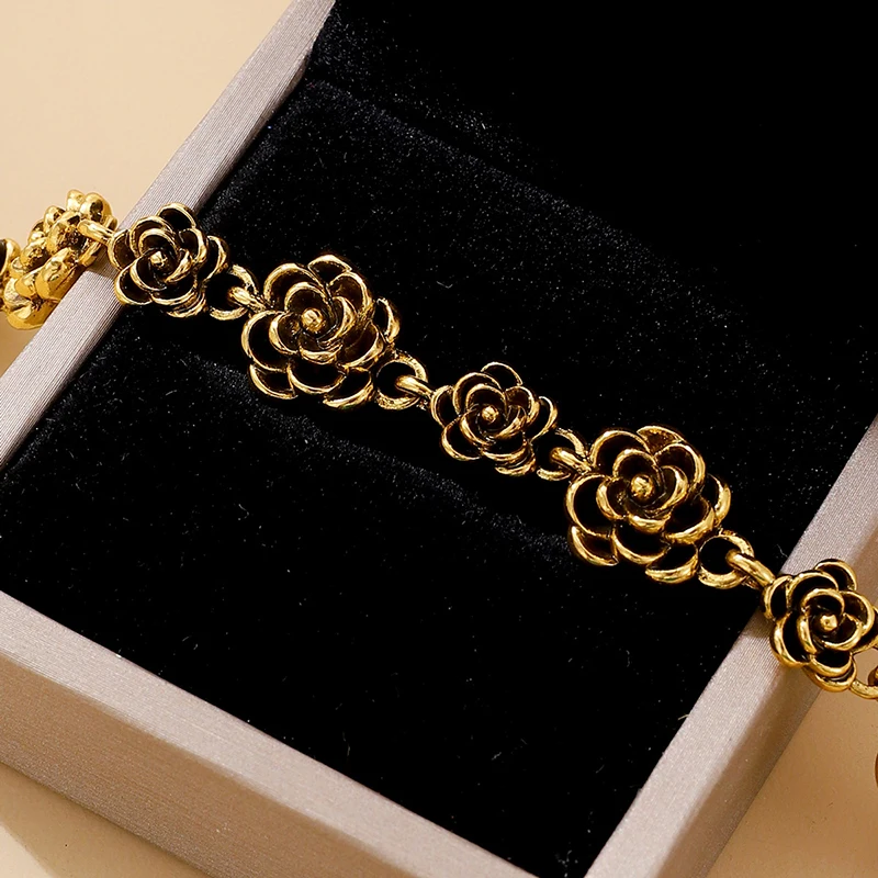 Vintage Carved Rose Flower Chain Bracelet Bangle For Women Geometric Handmade Link Adjustable Bracelets Wedding Party Jewelry