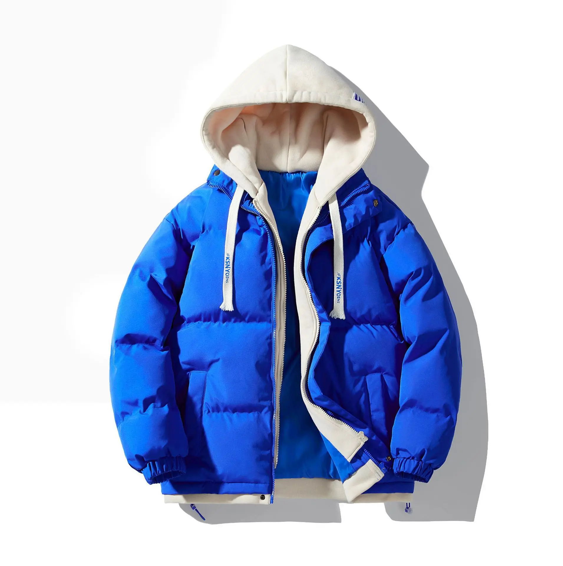 2025 Winter Man Jacket Fashion Contrast Color Zipper Male Hooded Outerwear Cold-proof Long Sleeve Men Fake Two-piece Down Coat