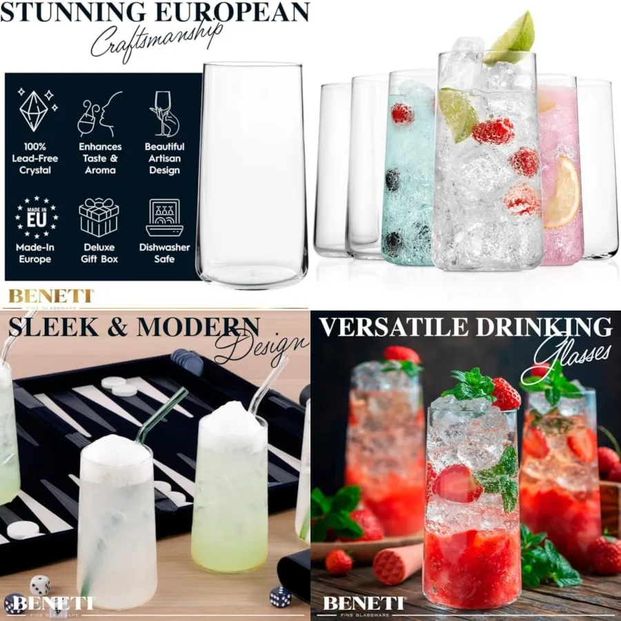 

Modern Tall Drinking Glasses Set of 6 Handmade In Europe 18oz Premium Highball Crystal Glass Cups for Water and Juice
