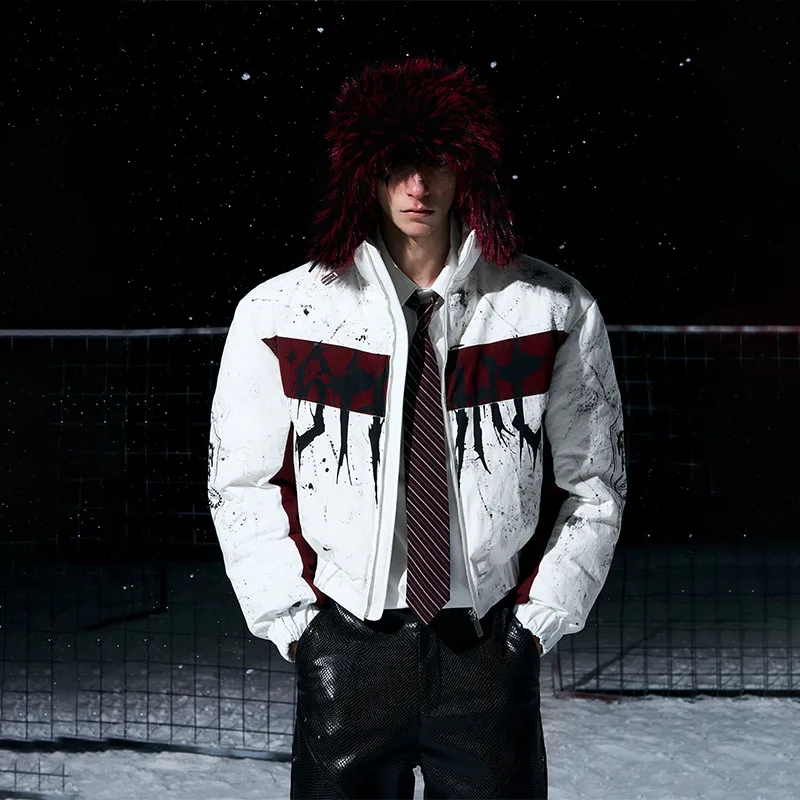 

MWJLPWQ Мужская куртка с воротником-стойкой и ручной росписью, утепленная, теплая, повседневная, хлопковая, с длинными рукавами, для зимы, в стиле High Street, 13797