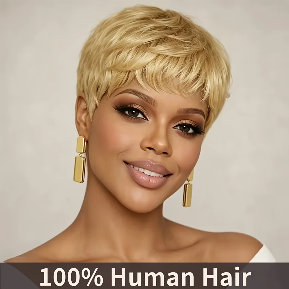 Straight Pixie Cut Wigs With Bangs Straight Layered Look Human Hair Wig Layered Style 27 Color Glamour Blonde 180% Density Brazilian Remy Human Hair Full Machine Made Fashion Perfect For Halloween Christmas Party